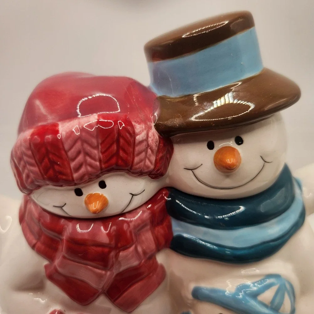 Snowman Family Ceramic Teapot Christmas Holiday Winter Decor Red Blue